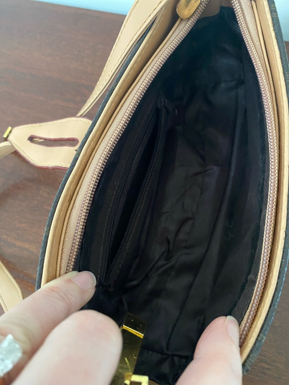 Designer-Inspired Monogram Mini Shoulder Bag in Brown and Tan - Picture 10 of 16